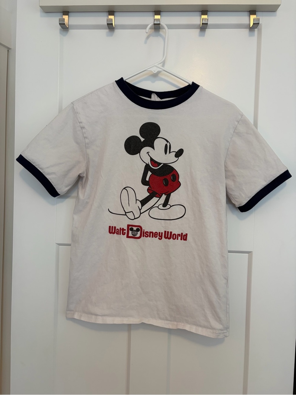 Disney White Ringer Tee with Navy Trim and Red Mickey Graphic